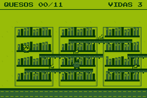 Un ratón saltando entre estanterías de una biblioteca, en cuatro tonos de verde