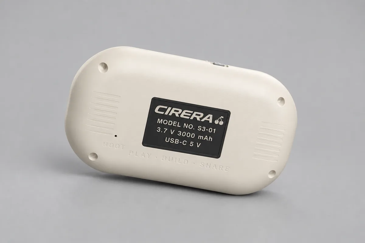 La parte de atrás: una placa oscura con CIRERA y una cereza de píxeles, el modelo S3-01, la batería de 3,7 V y 3000 mAh y USB-C a 5 V