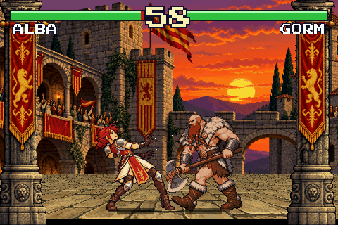 Un juego de lucha de CPS2: luchadores de quince colores sobre un suelo en perspectiva