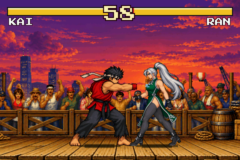 Un juego de lucha de Neo Geo: dos luchadores grandes en un muelle al atardecer