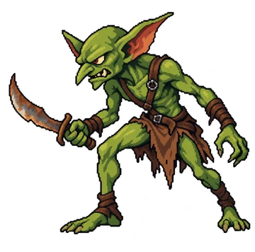 El goblin solo, de cuerpo entero: verde, con orejas puntiagudas y un puñal curvo