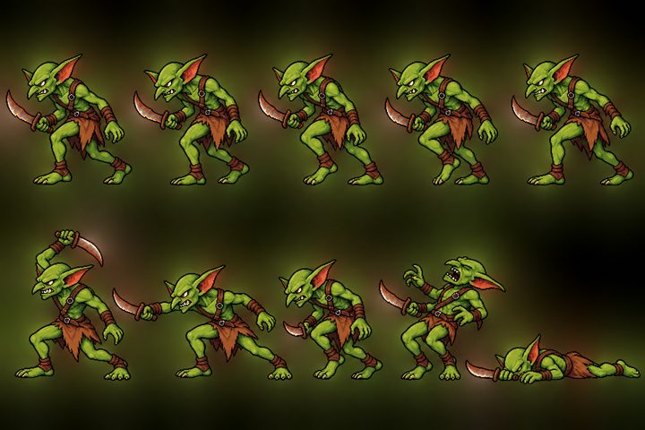 Diez poses del goblin en dos filas, sobre un fondo oscuro difuminado